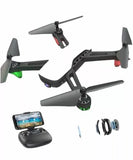 Black quadcopter drone with camera, propellers, and smartphone controller dock