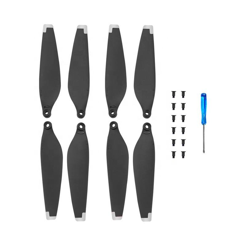 Drone propeller blades set with 8 black propellers, screws, and blue-handled tool