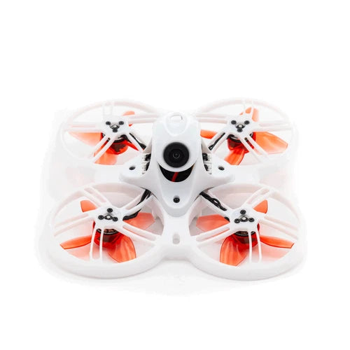 Whoop FPV racing drone with white frame and four orange propellers, compact 76mm