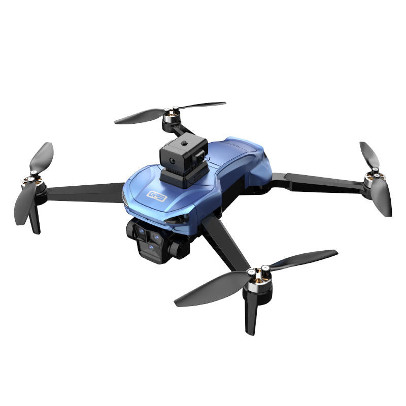 Blue quadcopter drone with four propellers and front camera module