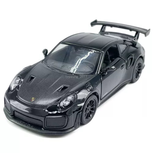 Black diecast sports model car with rear wing, front 3/4 view