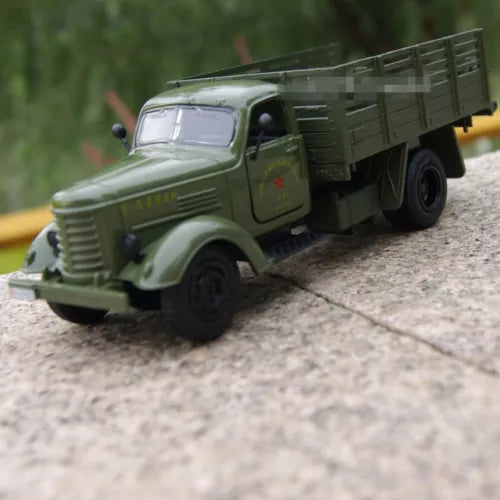 Army green military truck diecast model, front-left view with cargo bed