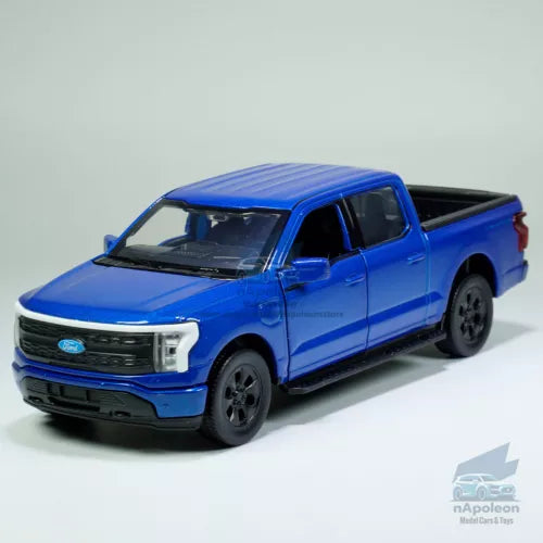 Blue 1:36 diecast pickup truck toy with open bed, front 3/4 view, black wheels