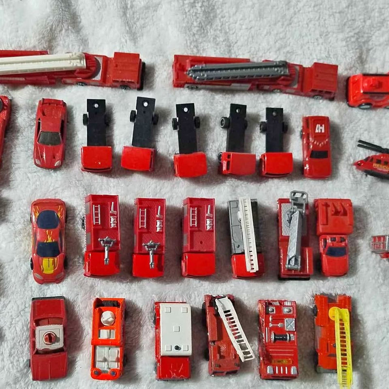 Diecast fire engine and rescue vehicle toy set, assorted red trucks and ladders