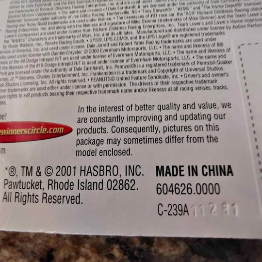 Diecast model box label with Made in China and product code