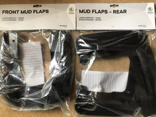 Black mud flaps accessory set with front and rear pieces in plastic packaging