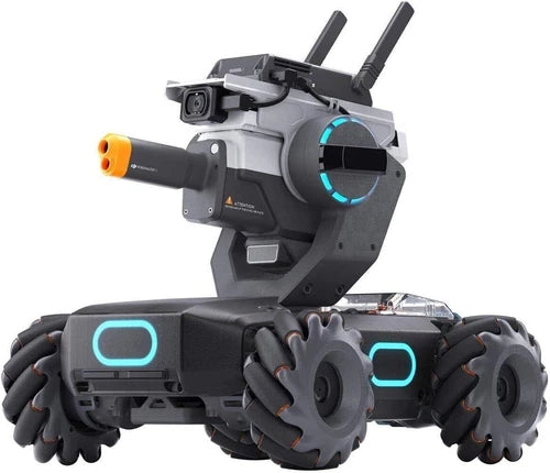DJI RoboMaster S1 educational robot drone with quad wheels, camera, and glowing blue ring