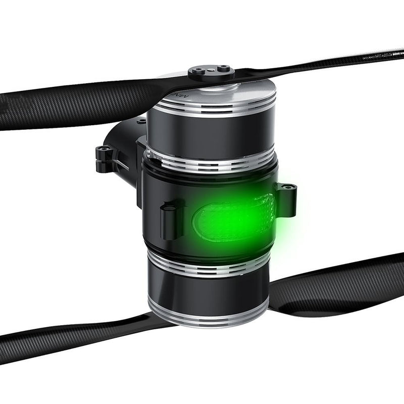 Black brushless quadcopter motor with green status light and mounting bracket