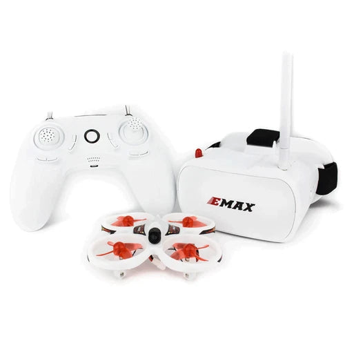 White FPV racing drone with red propellers, EMAX goggles and controller