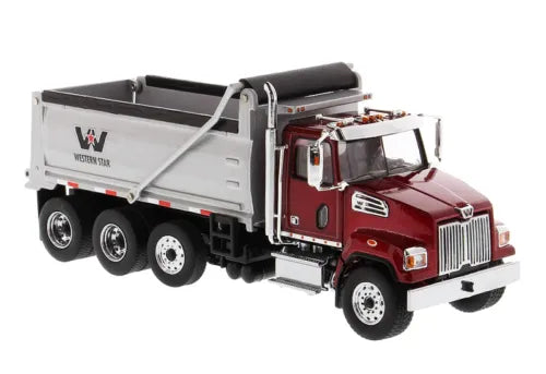 Diecast dump truck model with maroon cab and silver dump bed, alloy wheels