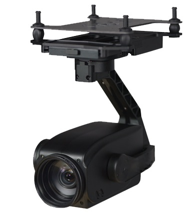Black 3-axis gimbal camera on UAV drone frame with front lens