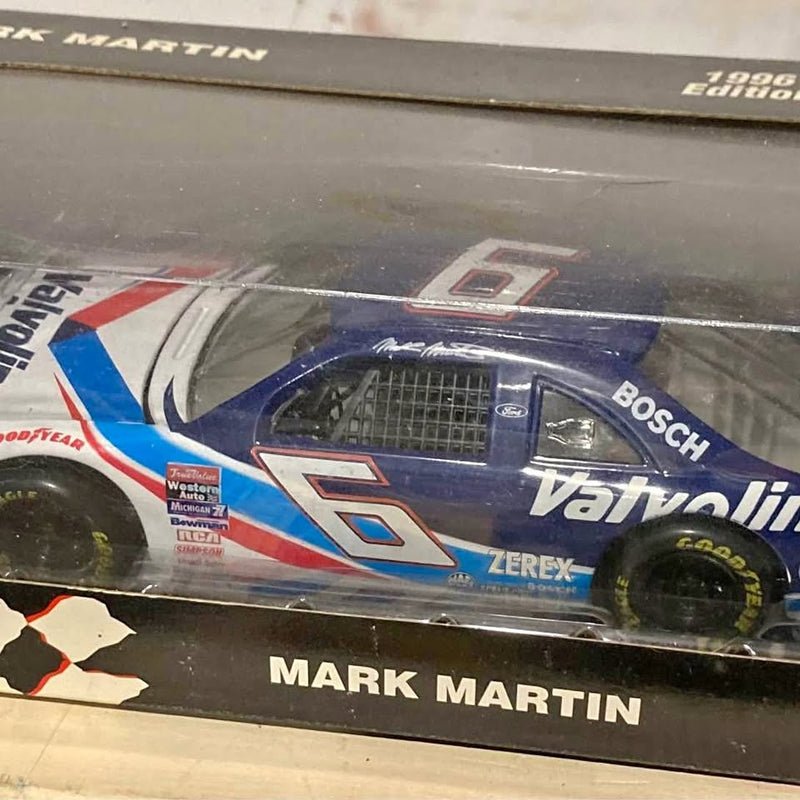 Blue, white and red Mark Martin #6 NASCAR diecast car with sponsor decals