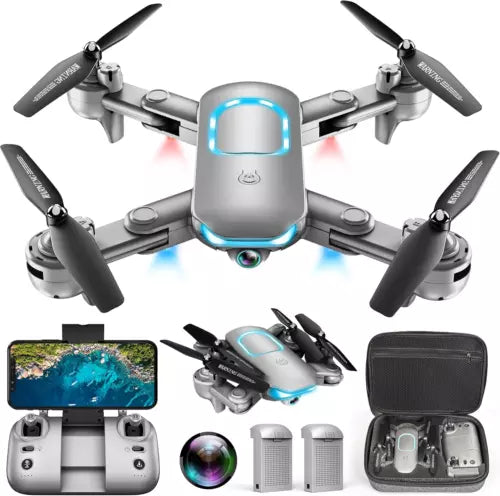 Foldable quadcopter drone with built-in camera, blue lights, with remote and carrying case