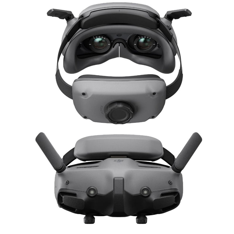DJI Goggles 3 VR headset with dual front lenses and side antennas, black and gray
