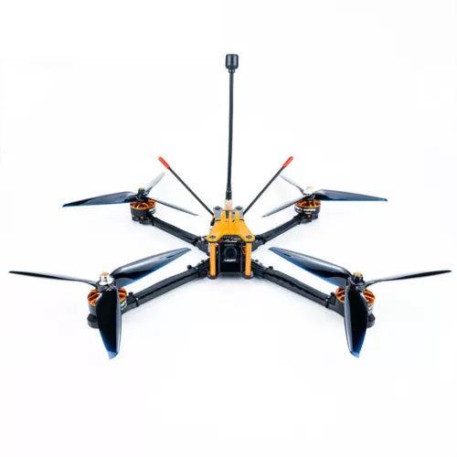 Yellow FPV RC drone with six propellers and central black flight controller