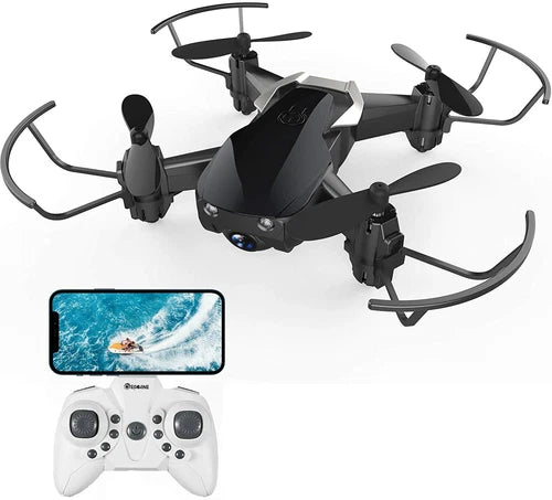 Black quadcopter mini drone with camera and white remote controller