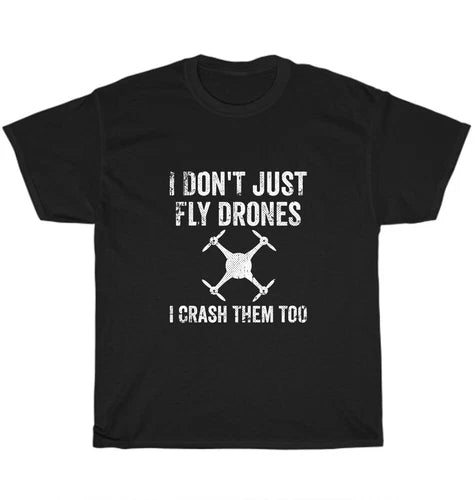 Black unisex graphic t-shirt with drone illustration and slogan text