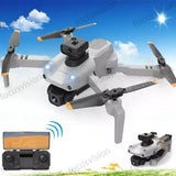 White foldable quadcopter drone with front camera and four propeller arms