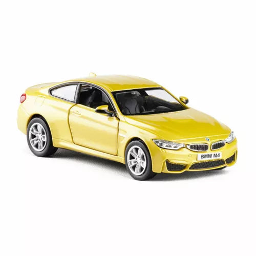 Yellow 1:36 BMW M4 diecast model car, doors open, pull-back toy