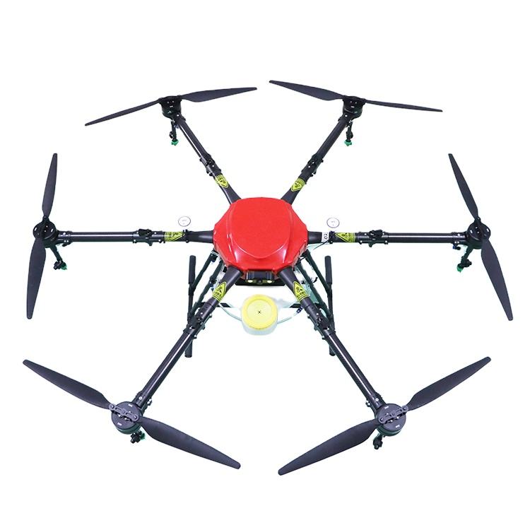 Agricultural drone sprayer with red tank and four propellers