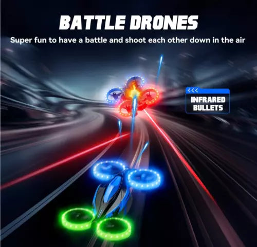 Kids battle drone with blue LED prop lights and red fighter-style LEDs