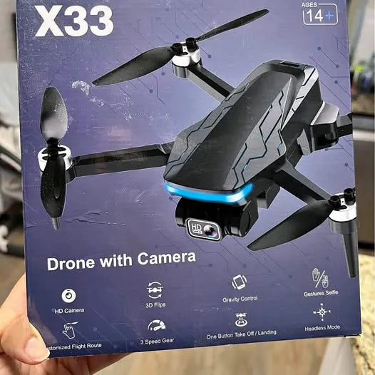 Quadcopter drone with built-in camera, black body and blue status light