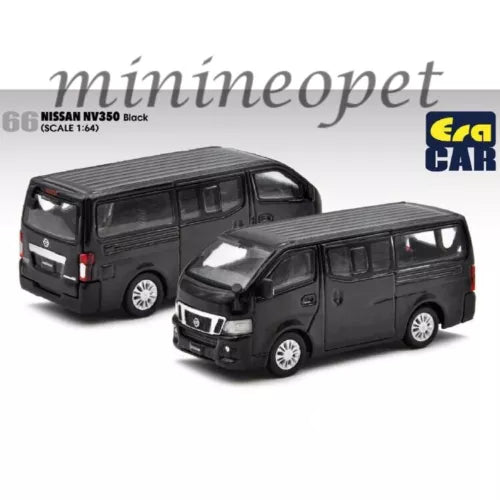 Black diecast van model car with front and rear views, front grille and headlights