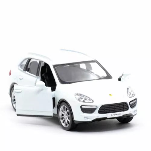 White Porsche Cayenne Turbo 1/36 diecast model car, front 3/4 view, door open