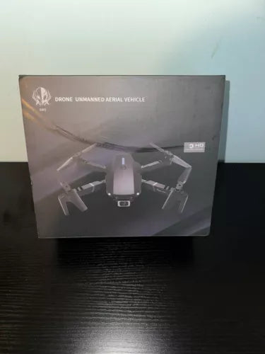 Quadcopter drone product box with HD label and aerial drone illustration