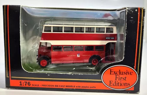 Red and white diecast utility bus model with clear display box and 1:76 scale