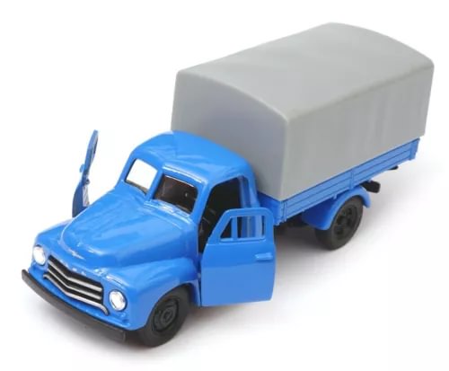 Vintage diecast delivery truck model with blue cab and gray covered cargo bed