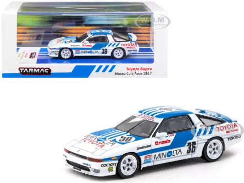 1:64 Toyota Supra race die-cast model, white and blue #36, front 3/4 view