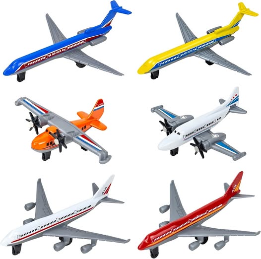 Toy diecast airplane 6-pack with six colorful aircraft models, front and side views