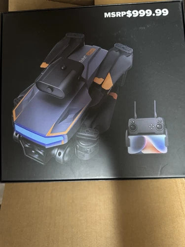 Quadcopter drone with remote controller, dark gray with blue status lights