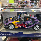 Purple and blue diecast race car with yellow stripe, spinning wheels