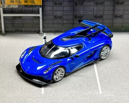 Blue sports diecast model car with black accents, detailed wheels and front grille.
