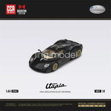 1:64 scale diecast model car, black Pagani Utopia with gold wheels, front 3/4 view