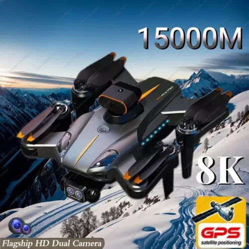 Black quadcopter drone with dual cameras and GPS module, brushless propellers