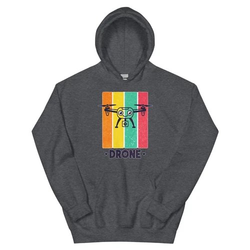 Dark gray hoodie with colorful drone illustration graphic on front