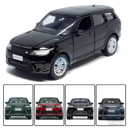 Range Rover Sport diecast model car, dark SUV front three-quarter view
