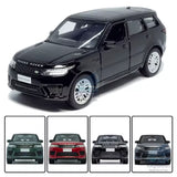 Range Rover Sport diecast model car, dark SUV front three-quarter view