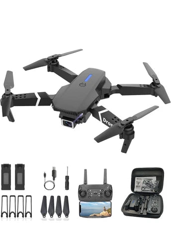Foldable RC quadcopter drone with camera, dark gray body and four propellers, controller and case