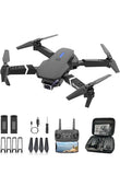 Foldable RC quadcopter drone with camera, dark gray body and four propellers, controller and case