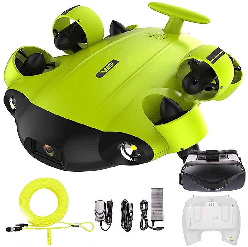Lime green submersible underwater drone with four thrusters, camera front, and cable reel