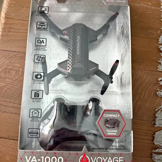 Foldable GPS drone with wide-angle lens, dark gray with four propellers in retail box