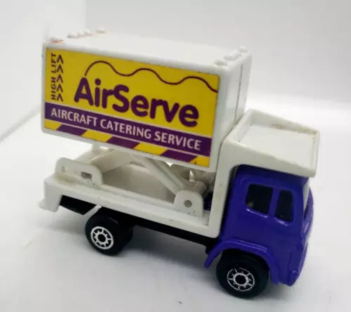 AirServe diecast catering service lift truck, blue cab and white box with yellow sign