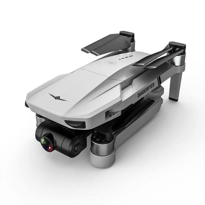 White quadcopter drone with 2-axis gimbal and front camera module