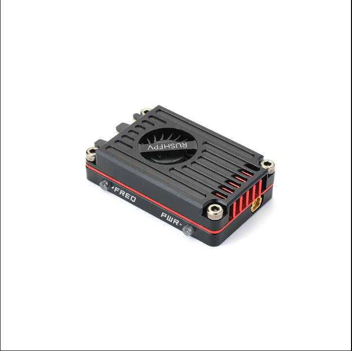 FPV radio transmitter module with metal heatsink and red vents, compact