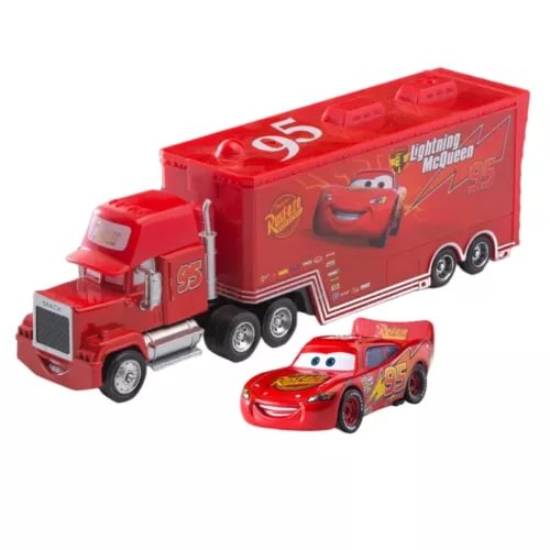 Red die-cast toy hauler truck with two Lightning McQueen cars