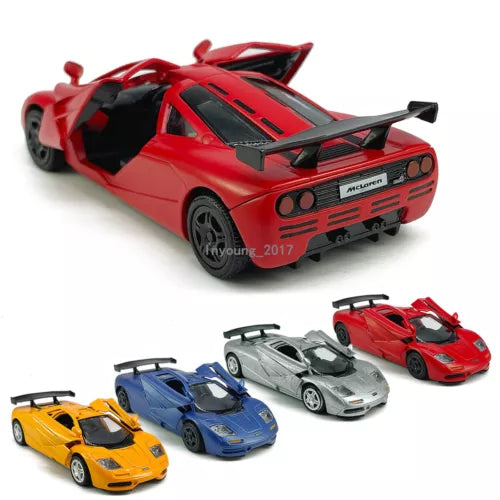 1/36 1994 McLaren F1 red diecast model car with rear wing and pull-back action
